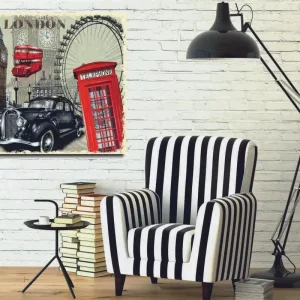 Billig Canvastavla 45x45 cm - London-inspirerad stadsscen med en röd telefonkiosk och en klassisk bil - Inredning & dekor
