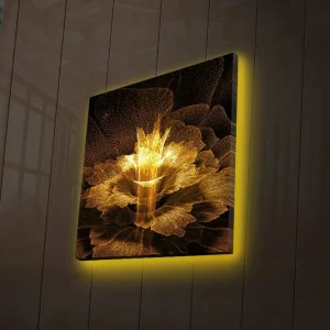 Rea Canvastavla med LED-belysning 40x40 cm - Ljusstrålande blomma i abstrakt stil Guld / Svart / Brun - Inredning