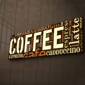 Canvastavla med LED-belysning 30x90 cm - Kaffeinspirerat konstverk med olika kaffetermer i typografi Mörkbrun / Ljusbrun / Beige - Inredning Lågt pris