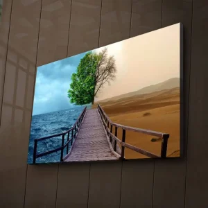 Endast idag Canvastavla med LED-belysning 45x70 cm - Kontrast mellan en grönskande trädkant och en ökenlandskap Grön / Blå / Beige - Inredning