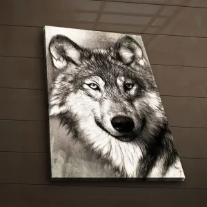 Canvastavla med LED-belysning 70x45 cm - Porträtt av en varg med uttrycksfulla detaljer Svart / Grå / Vit - Inredning Snabb frakt