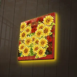 Canvastavla med LED-belysning 40x40 cm - Färgrik bukett av solrosor och röda blommor Gul / Röd / Grön - Inredning Erbjudandepris
