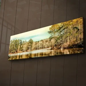 Canvastavla med LED-belysning 30x90 cm - Vacker landskapsvy med en spegelblanka sjö omgiven av träd Grön / Brun / Blå - Inredning Fri frakt