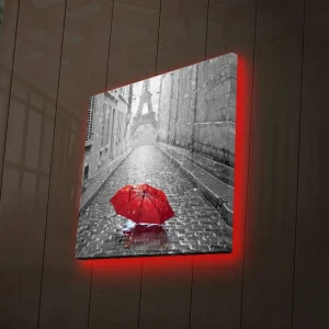 Canvastavla med LED-belysning 40x40 cm - Röd paraply på en regnig gata i Paris Röd / Svart / Grå - Inredning Endast denna vecka