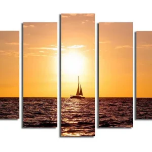 Kampanjpris Stor Canvastavla i 5 delar 105x70 cm - Segelbåt i solnedgång över havet Orange / Guld / Mörkblå - Inredning