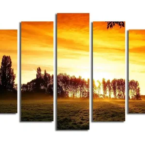 Stor Canvastavla i 5 delar 105x70 cm - Solnedgång bakom silhuetter av träd Orange / Guld / Svart - Inredning Lägg i varukorgen