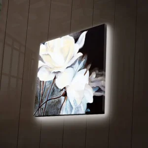 Sänkt pris Canvastavla med LED-belysning 40x40 cm - Vita blommor mot en mörk bakgrund Vit / Svart / Grå - Inredning
