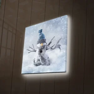 Begränsat antal Canvastavla med LED-belysning 40x40 cm - Snögubbe i vinterlandskap med snöfall Vit / Blå / Grå - Inredning