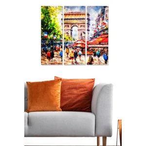 Canvastavla i trä 3-delar 50x70 cm - Livlig stadsbild med människor och caféer vid en känd monument - Inredning & dekor Sänkt pris