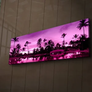 Endast denna vecka Canvastavla med LED-belysning 30x90 cm - Drömlik strandscen med palmer i skymningens ljus Lila / Svart - Inredning