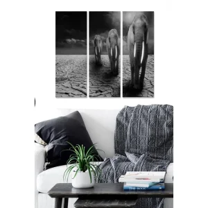 Begränsat erbjudande Canvastavla i trä 3-delar 50x70 cm - Tre elefanter som går över en sprucken och torr markyta - Inredning & dekor