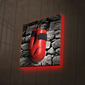 Rabatter Canvastavla med LED-belysning 40x40 cm - Röda boxhandskar hängande mot en grå stenvägg Röd / Grå - Inredning