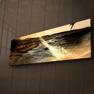 Billigare Canvastavla med LED-belysning 30x90 cm - Stämningsfull strandlandskap med hav och berg i bakgrunden Guld / Brunt / Svart - Inredning