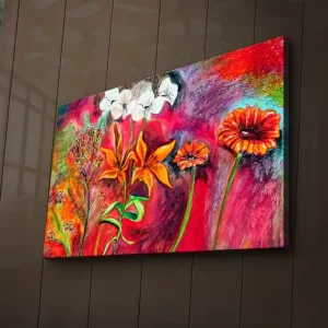 Billigare Canvastavla med LED-belysning 45x70 cm - Färgrik bukett av blommor i livfulla nyanser Röd / Orange / Grön - Inredning