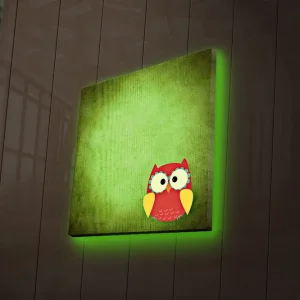 Kundfavorit Canvastavla med LED-belysning 40x40 cm - Färgglad uggla på en grön bakgrund Grön / Röd / Gul - Inredning