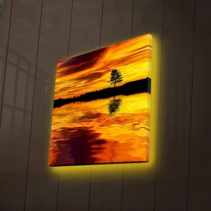 Canvastavla med LED-belysning 40x40 cm - Solnedgång över en spegelblanka sjö med silhouett av ett ensamt träd Guld / Orange / Svart - Inredning Reapris