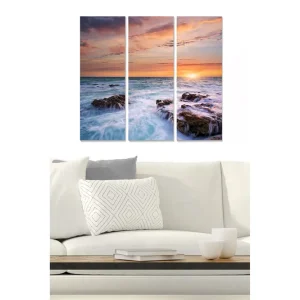 Canvastavla i trä 3-delar 50x70 cm - Solnedgång över havet med klippor i förgrunden - Inredning & dekor Begränsat antal