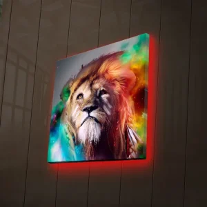 Lägg i varukorgen Canvastavla med LED-belysning 40x40 cm - Storslagen lejonhuvud med färgglada detaljer Guld / Grön / Röd - Inredning