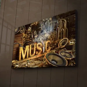 Canvastavla med LED-belysning 45x70 cm - Musikaliskt collage med instrument och högtalare Guld / Brunt / Svart - Inredning Handla nu