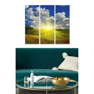Canvastavla i trä 3-delar 50x70 cm - Vacker landskapsvy med soluppgång över en blomstrande äng - Inredning & dekor Rabatt