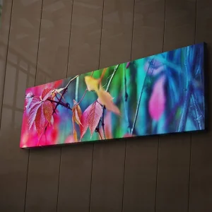 Lågt pris Canvastavla med LED-belysning 30x90 cm - Färgglada höstlöv i en abstrakt komposition Rosa / Blå / Grön - Inredning