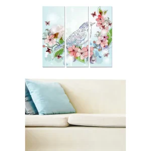 Canvastavla i trä 3-delar 50x70 cm - Färgglad komposition med fågel och blommor - Inredning & dekor Rea