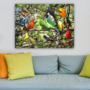 Canvastavla 70x100 cm - Flera färgglada fåglar som sitter på grenar i en livlig naturmiljö - Inredning & dekor Rea