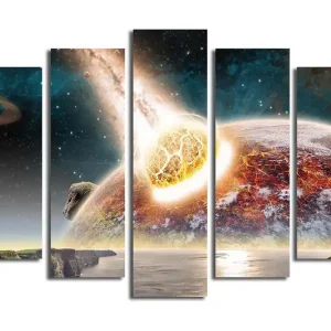 Fynd Stor Canvastavla i 5 delar 105x70 cm - Apokalyptisk scen med en planet som träffas av en meteorit Orange / Blå / Grå - Inredning