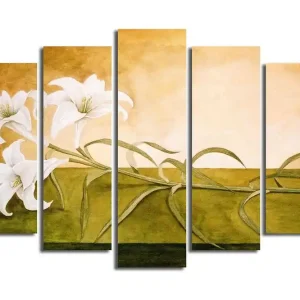 Stor Canvastavla i 5 delar 105x70 cm - Vita liljor som sträcker sig över en mjukt tonad bakgrund Vit / Grön / Beige - Inredning Erbjudandepris