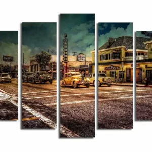 Stor Canvastavla i 5 delar 105x70 cm - Nostalgisk stadsbild med klassiska bilar och livlig gatubild Gult / Brunt / Grått - Inredning Populärt val