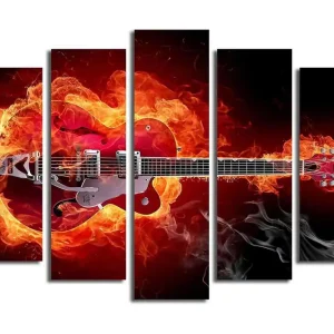 Stor Canvastavla i 5 delar 105x70 cm - Gitarr omgiven av eld och rök Röd / Orange / Svart - Inredning Billigare