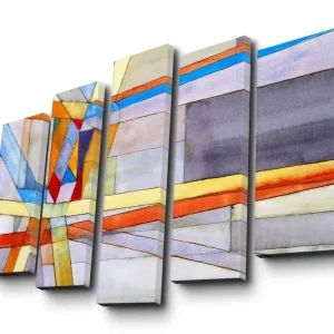 Lågt pris Stor Canvastavla i 5 delar 105x70 cm - Abstrakt komposition med geometriska former och färgglada linjer Blå / Orange / Grå - Inredning