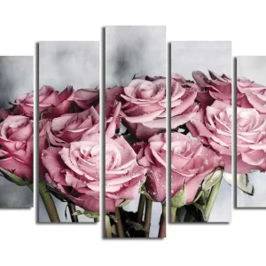 Stor Canvastavla i 5 delar 105x70 cm - Rosa rosor med droppar av vatten Rosa / Grön / Vit - Inredning Nyhet