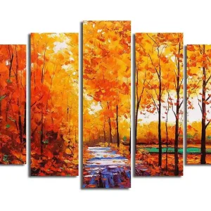 Köp online Stor Canvastavla i 5 delar 105x70 cm - Lummig skog med höstfärger och en stig Orange / Gult / Grönt - Inredning