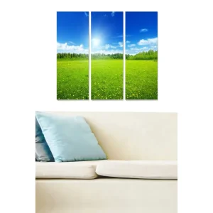 Canvastavla i trä 3-delar 50x70 cm - Vacker landskapsvy med gröna ängar och blå himmel - Inredning & dekor Begränsat antal