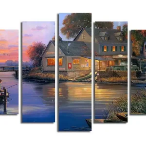 Beställ nu Stor Canvastavla i 5 delar 105x70 cm - Fiskande pojke vid en sjö i solnedgångens sken Blå / Orange / Grön - Inredning