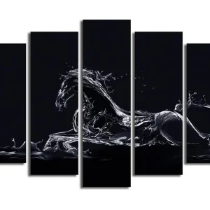 Lägg i varukorgen Stor Canvastavla i 5 delar 105x70 cm - Vattenhäst i dynamisk rörelse Svart / Genomskinlig vit - Inredning