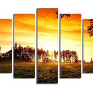 Stor Canvastavla i 5 delar 105x70 cm - Solnedgång över en skog av siluetter Orange / Guld / Svart - Inredning Kampanjpris