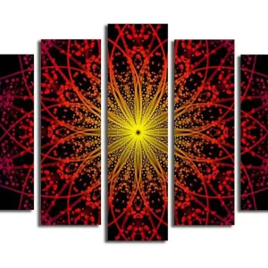 Köp online Stor Canvastavla i 5 delar 105x70 cm - Färgrik mandala med strålar av ljus Gul / Röd / Svart - Inredning