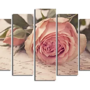Stor Canvastavla i 5 delar 105x70 cm - Rosa blomma med knoppar och gröna blad Ljusrosa / Grön / Beige - Inredning Lågt pris