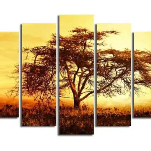 Fynd Stor Canvastavla i 5 delar 105x70 cm - Silhuett av ett ensamt träd mot en gyllene himmel Guld / Orange / Brun - Inredning