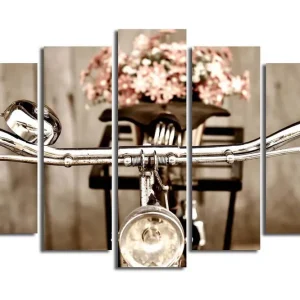 Stor Canvastavla i 5 delar 105x70 cm - Cykelhjul med blommor i korgen Grå / Rosa / Silver - Inredning Beställ nu