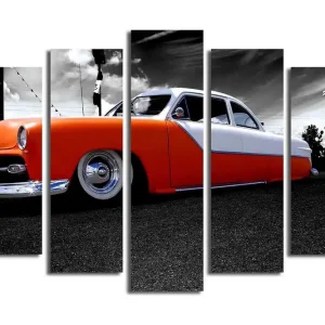 Stor Canvastavla i 5 delar 105x70 cm - Retro bil med orange och vit lackering Orange / Vit / Grå - Inredning Begränsat antal
