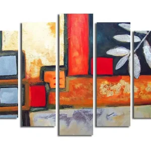 Fynd Stor Canvastavla i 5 delar 105x70 cm - Abstrakt komposition med geometriska former och bladmotiv Röd / Grå / Orange - Inredning