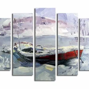 Endast denna vecka Stor Canvastavla i 5 delar 105x70 cm - Vinterlandskap med en båt i snö och is Ljusblå / Vit / Röd - Inredning