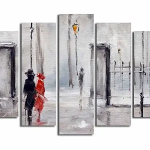 Stor Canvastavla i 5 delar 105x70 cm - Par i regn med en röd klänning och svart kostym Röd / Svart / Grå - Inredning Rea