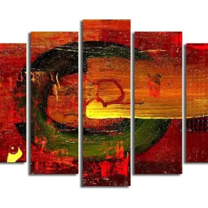 Kampanjpris Stor Canvastavla i 5 delar 105x70 cm - Abstrakt komposition med cirkulära former och starka färger Röd / Grön / Orange - Inredning