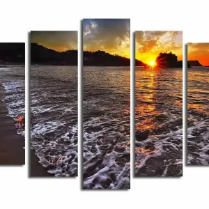 Stor Canvastavla i 5 delar 105x70 cm - Solnedgång över havet med reflektioner i vattnet Orange / Blå / Grå - Inredning I lager