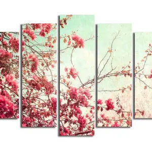 Stor Canvastavla i 5 delar 105x70 cm - Blommande grenar av bougainvillea i pastellfärger Rosa / Mintgrön / Beige - Inredning Snabb leverans