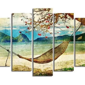 Stor Canvastavla i 5 delar 105x70 cm - Avkopplande hängmatta under ett träd vid en strand med berg i bakgrunden Blå / Grön / Beige - Inredning Fri frakt